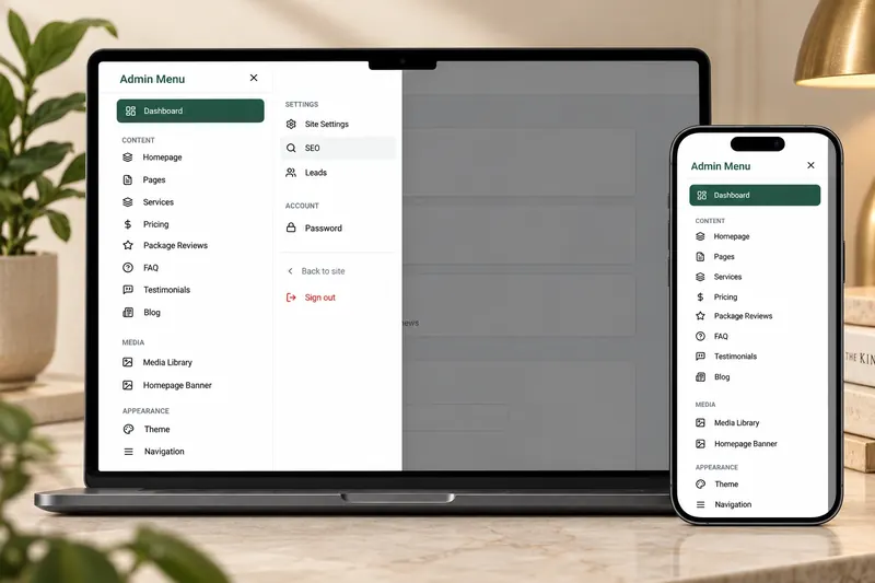 Custom CMS admin menu on a laptop and phone, with sections for homepage, pages, services, pricing, FAQ, testimonials, blog, media library and settings