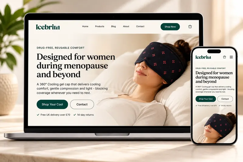 Icebrim e-commerce home page on a laptop and phone, showing the cooling cap and the headline 'Designed for women during menopause and beyond'