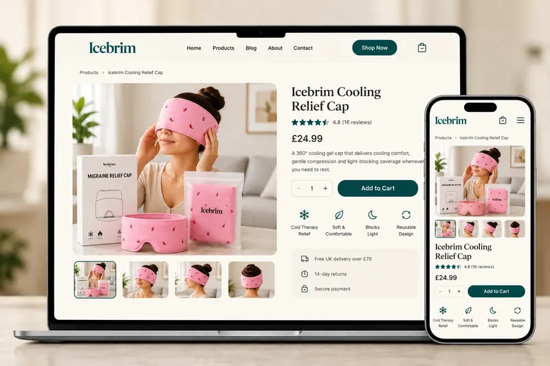 Icebrim product page for the cooling relief cap with gallery, price in pounds, quantity selector and add-to-cart button